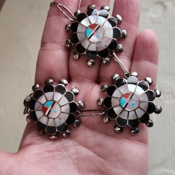Native American Zuni Vintage Sunface Inlaid Necklace & Earrings Set 💙☀️🖤 - Picture 14 of 16